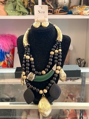 Neu Multi-Strand Black and Gold Statement Necklace with Green Accent